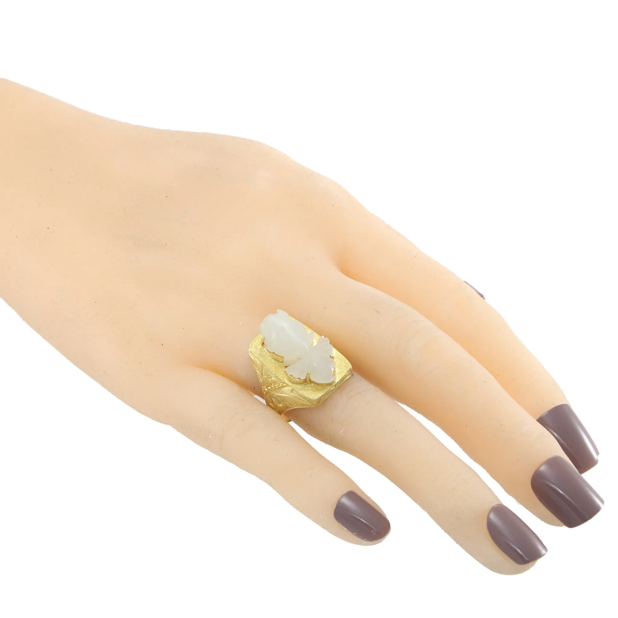 Fish Ring Nephrite White Jade Womens 18k Yellow Gold Vtg Floral Etched Cocktail