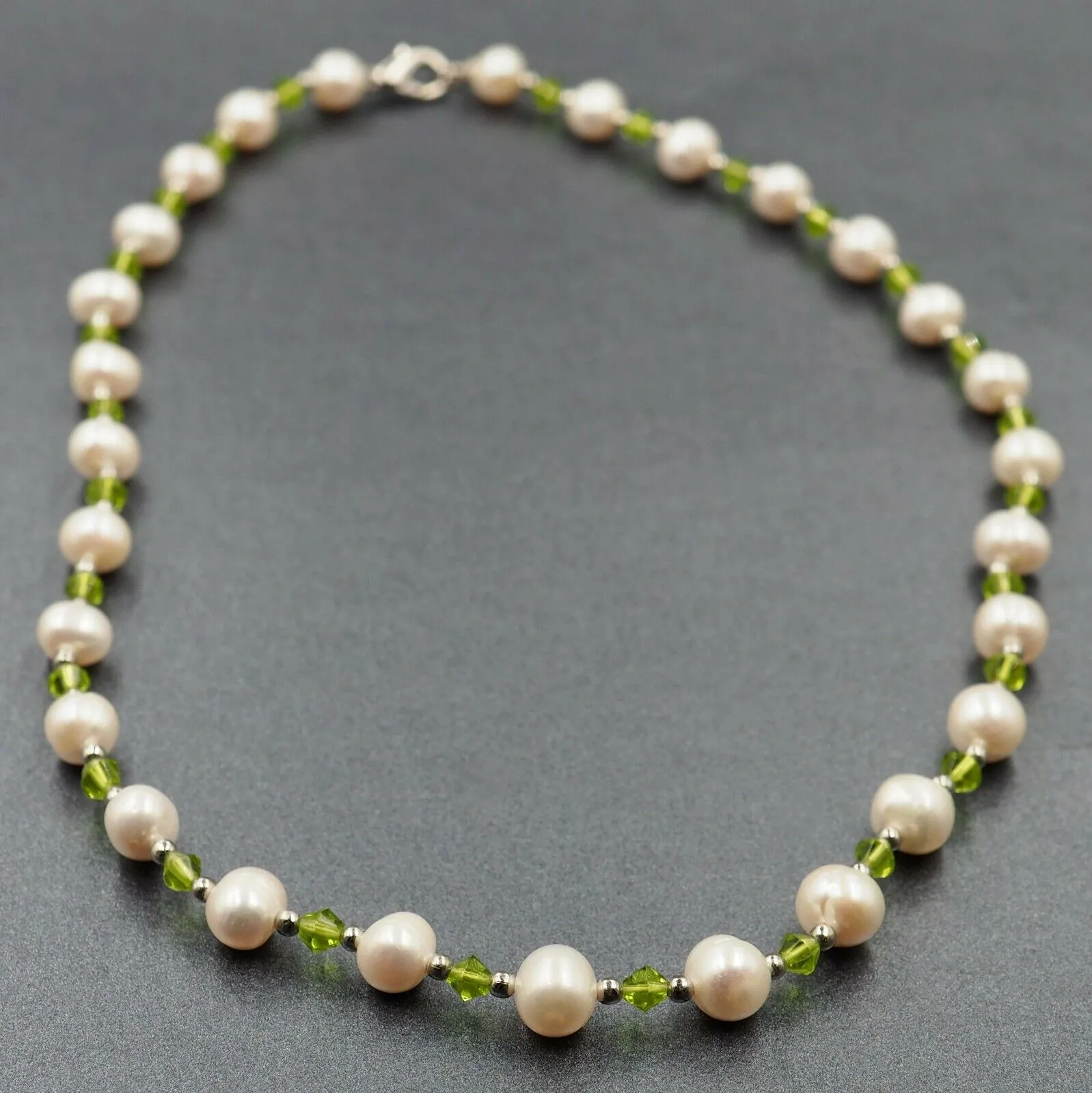 Freshwater Pearl & Green Glass Rhinestone Beaded Necklace