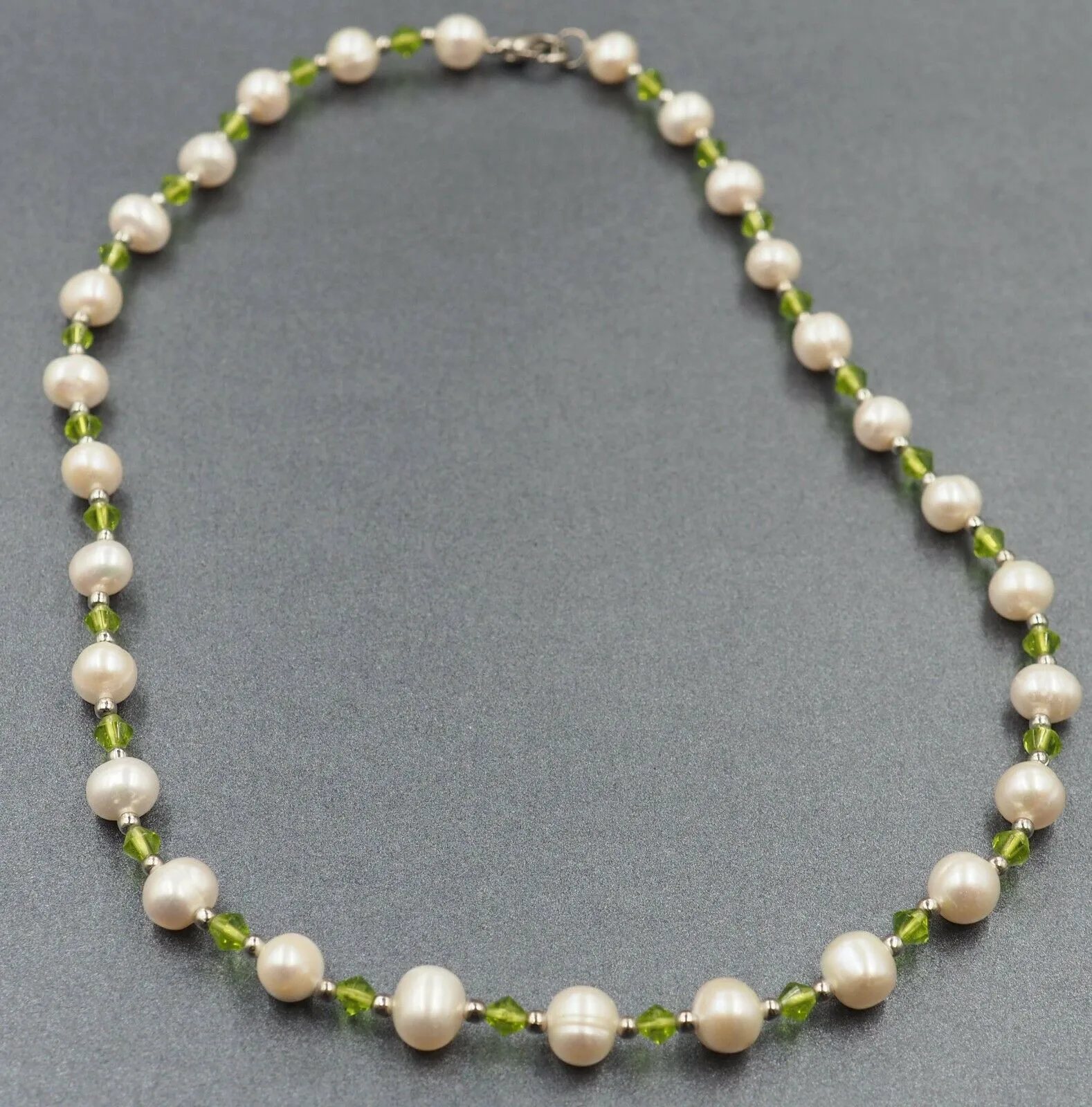 Freshwater Pearl & Green Glass Rhinestone Beaded Necklace