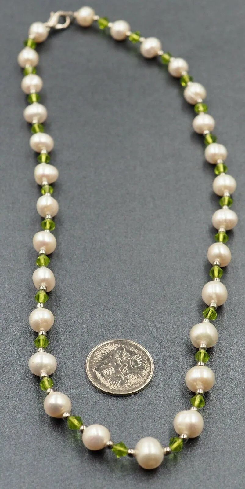 Freshwater Pearl & Green Glass Rhinestone Beaded Necklace