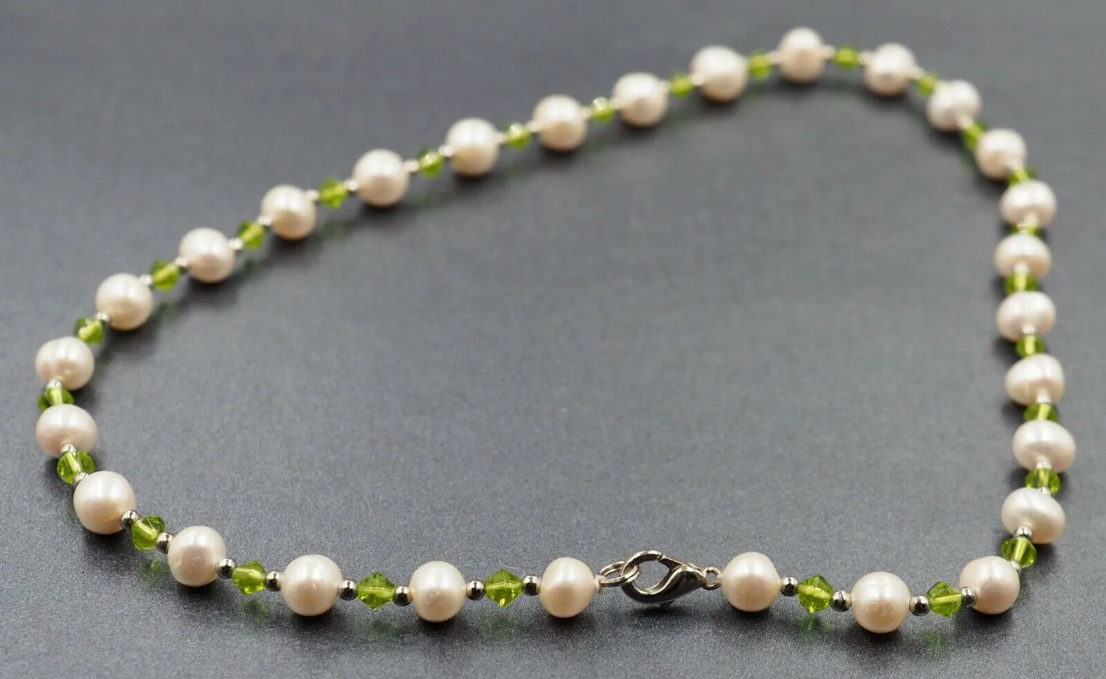 Freshwater Pearl & Green Glass Rhinestone Beaded Necklace