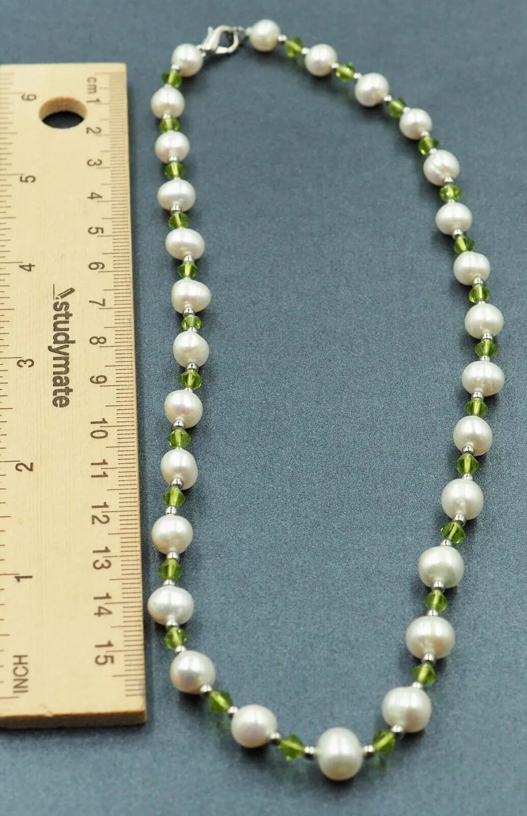 Freshwater Pearl & Green Glass Rhinestone Beaded Necklace