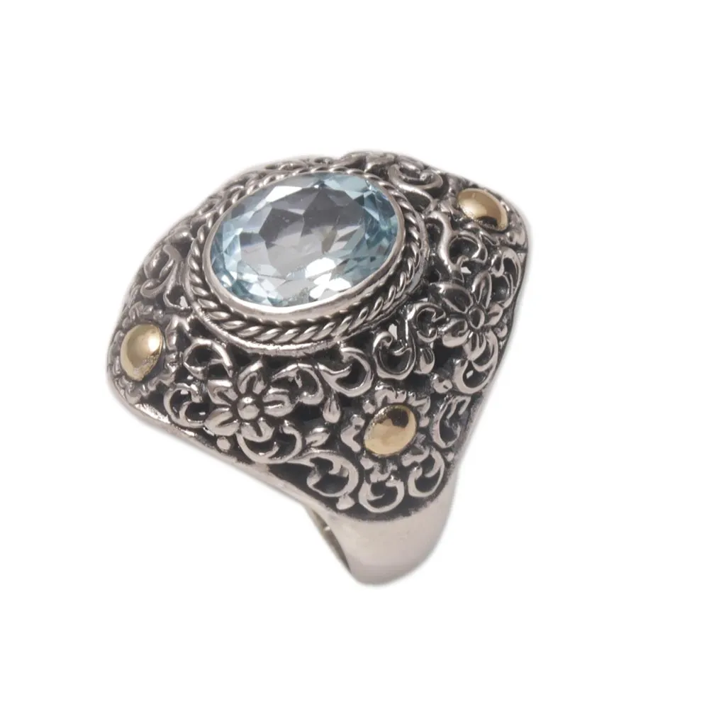 Gold Accent Blue Topaz Floral Cocktail Ring from Bali - Floral Mystique | NOVICA