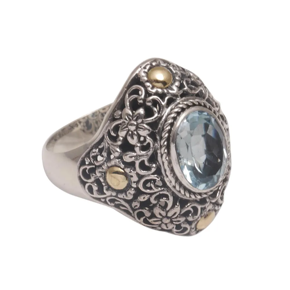 Gold Accent Blue Topaz Floral Cocktail Ring from Bali - Floral Mystique | NOVICA