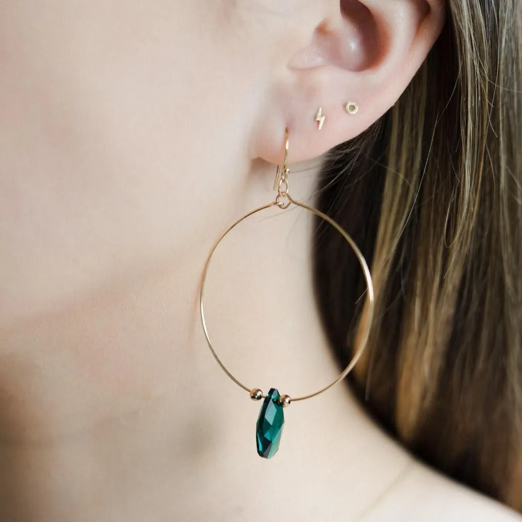 Gold Filled Emerald Green Crystal Teardrop Hoop Earrings