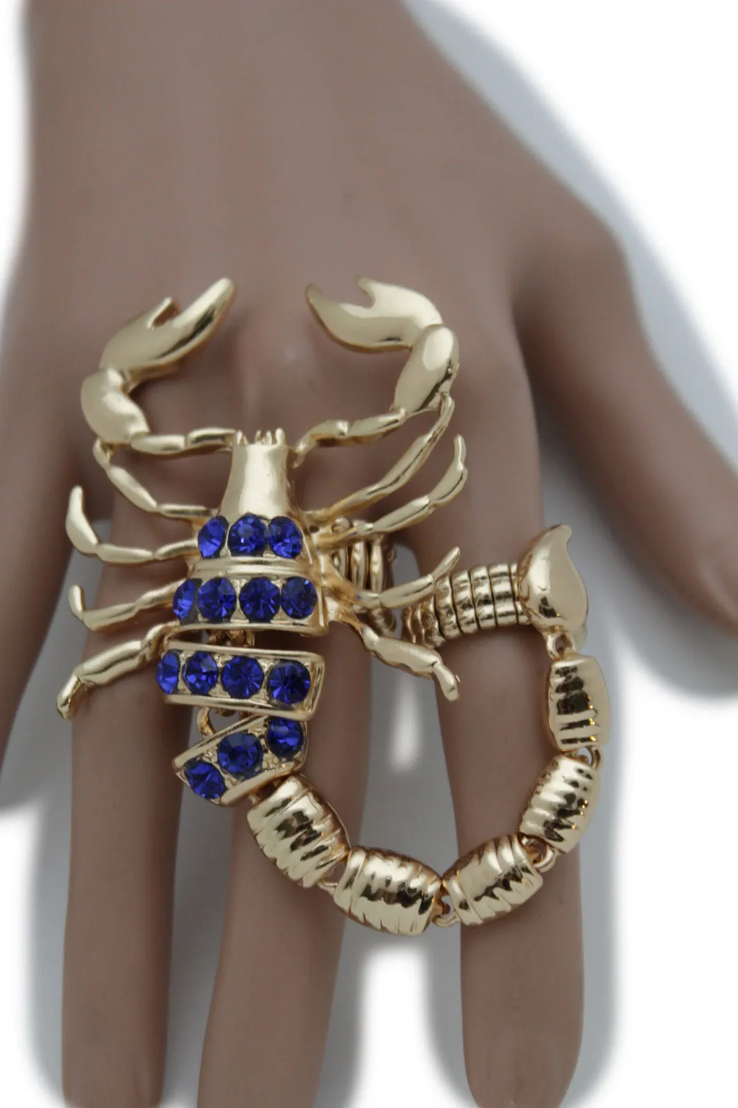 Gold Silver Metal 2 Fingers Big Scorpion Black Blue Rhinestones Elastic Band Ring