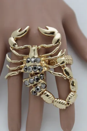 Gold Silver Metal 2 Fingers Big Scorpion Black Blue Rhinestones Elastic Band Ring