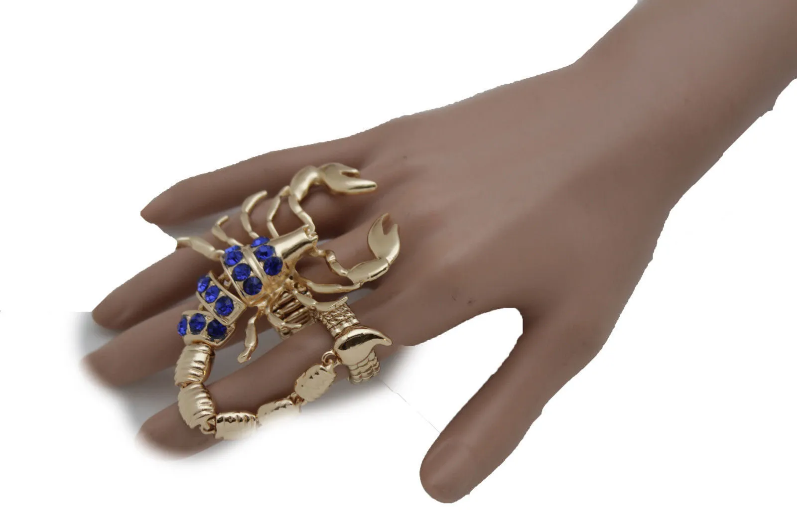 Gold Silver Metal 2 Fingers Big Scorpion Black Blue Rhinestones Elastic Band Ring