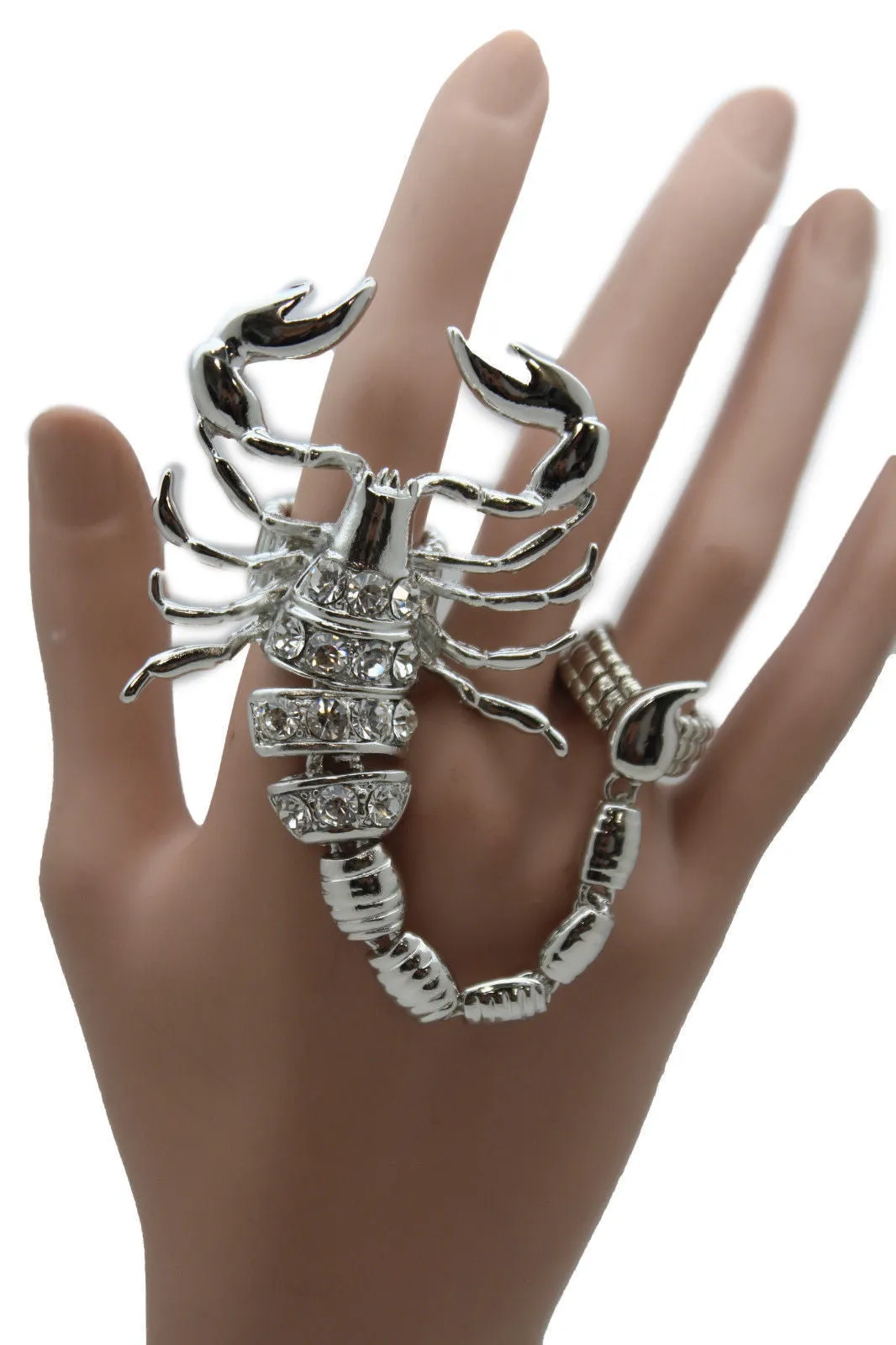 Gold Silver Metal 2 Fingers Big Scorpion Black Blue Rhinestones Elastic Band Ring