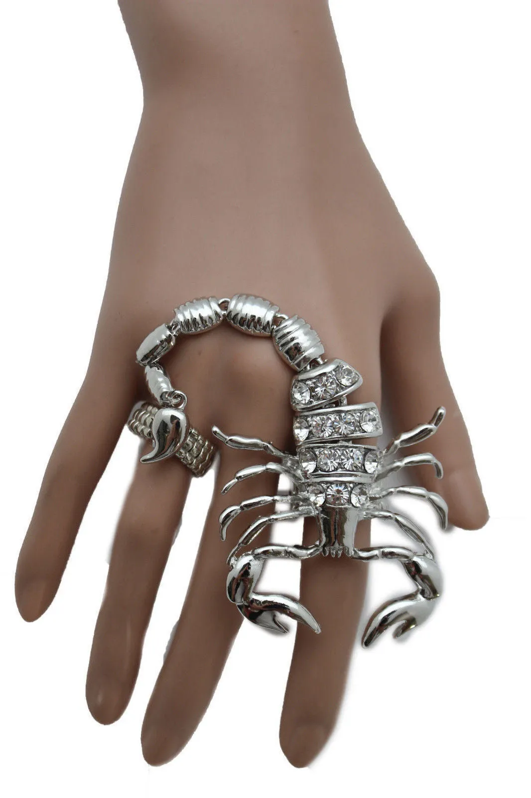 Gold Silver Metal 2 Fingers Big Scorpion Black Blue Rhinestones Elastic Band Ring