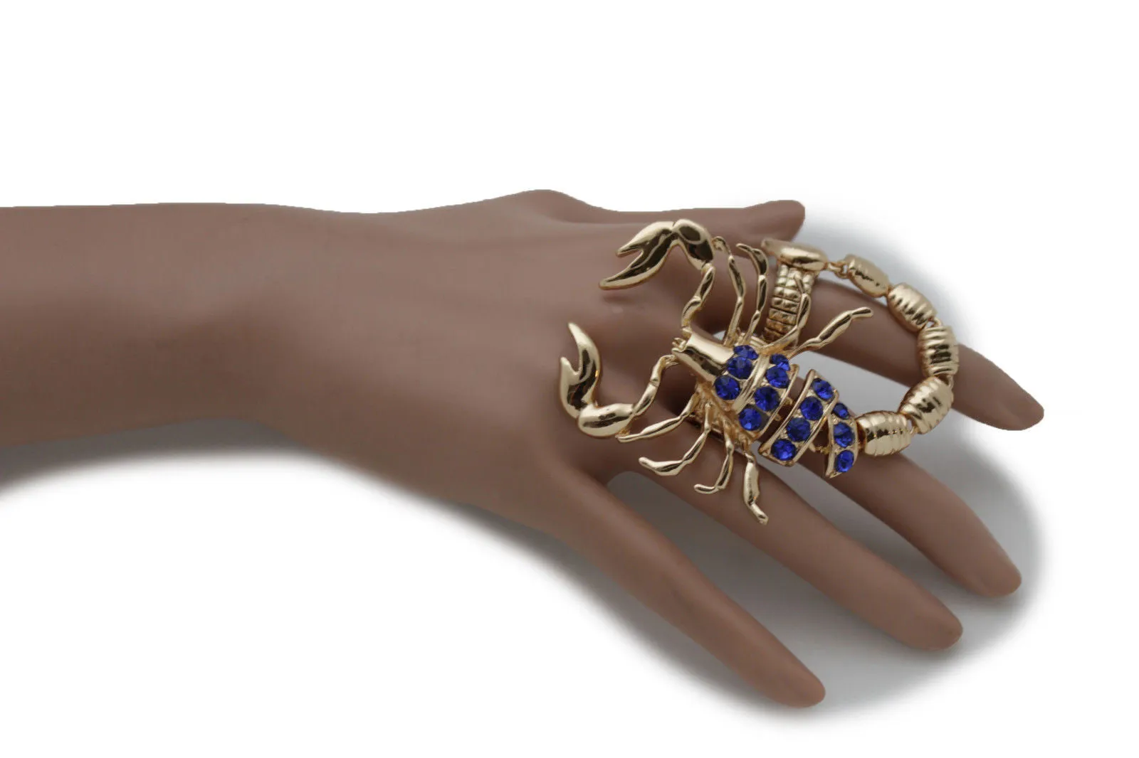 Gold Silver Metal 2 Fingers Big Scorpion Black Blue Rhinestones Elastic Band Ring