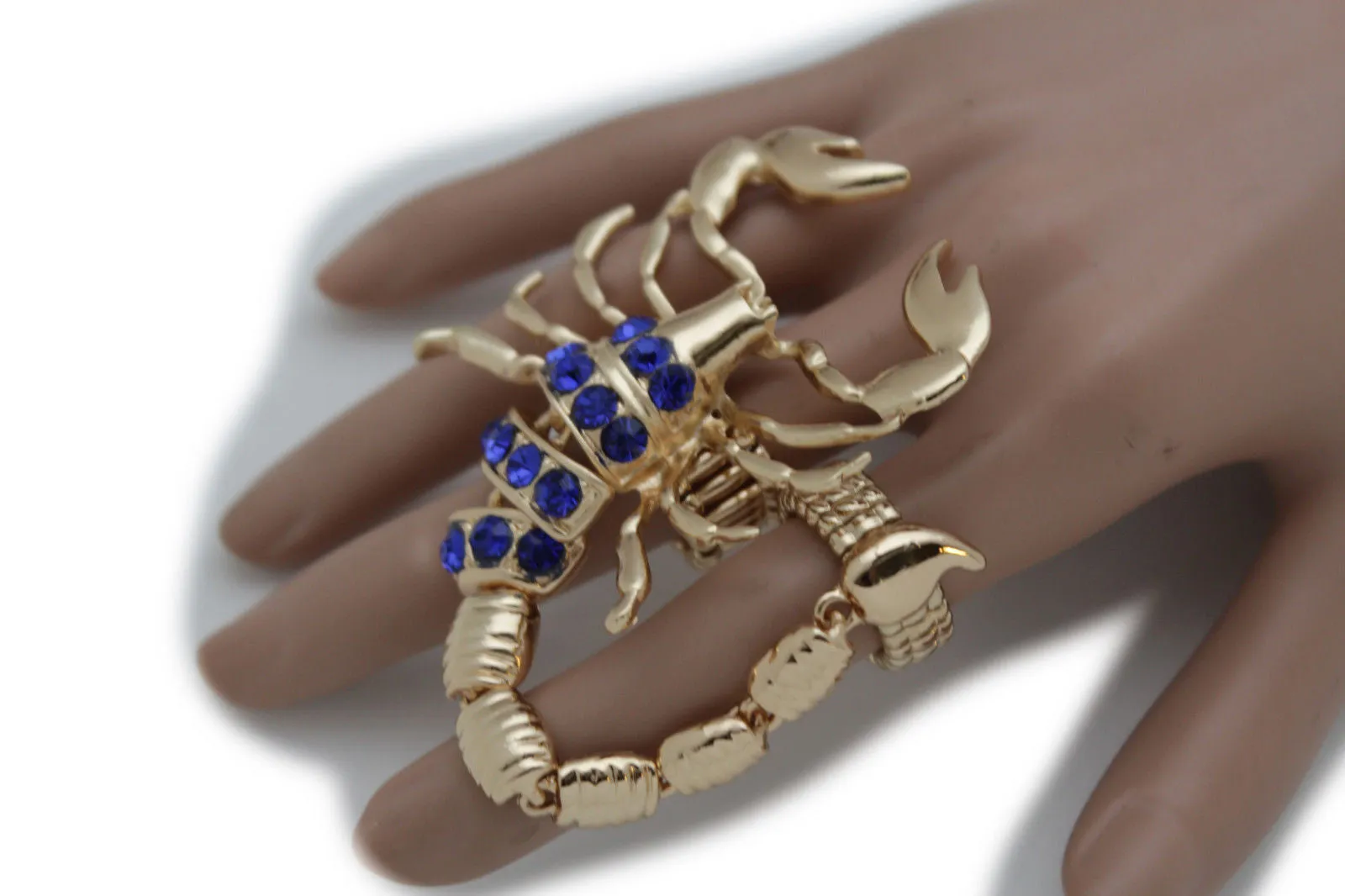 Gold Silver Metal 2 Fingers Big Scorpion Black Blue Rhinestones Elastic Band Ring