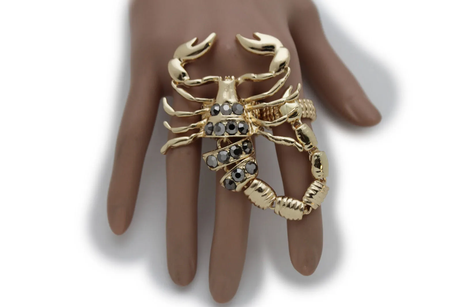 Gold Silver Metal 2 Fingers Big Scorpion Black Blue Rhinestones Elastic Band Ring