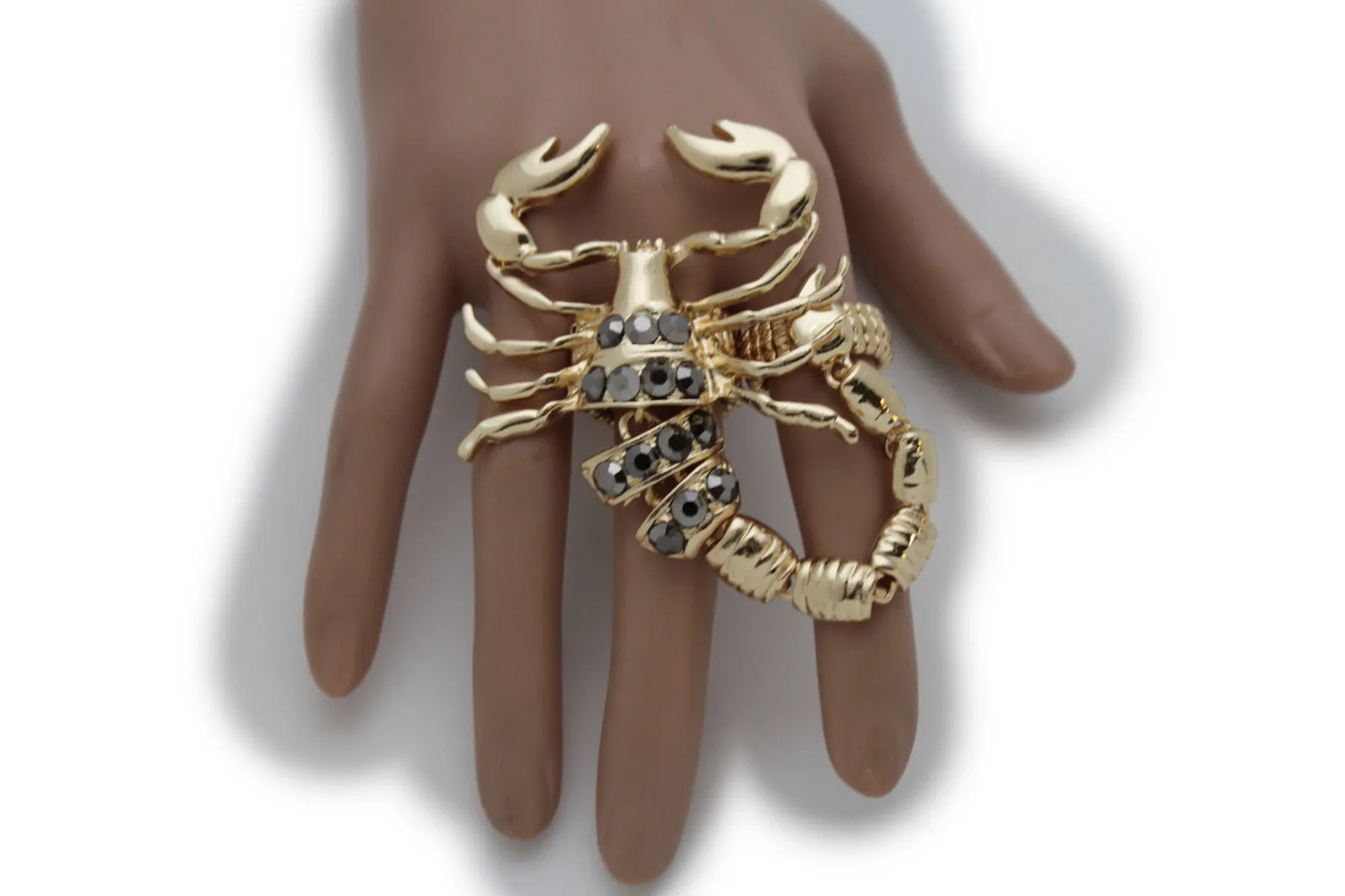 Gold Silver Metal 2 Fingers Big Scorpion Black Blue Rhinestones Elastic Band Ring