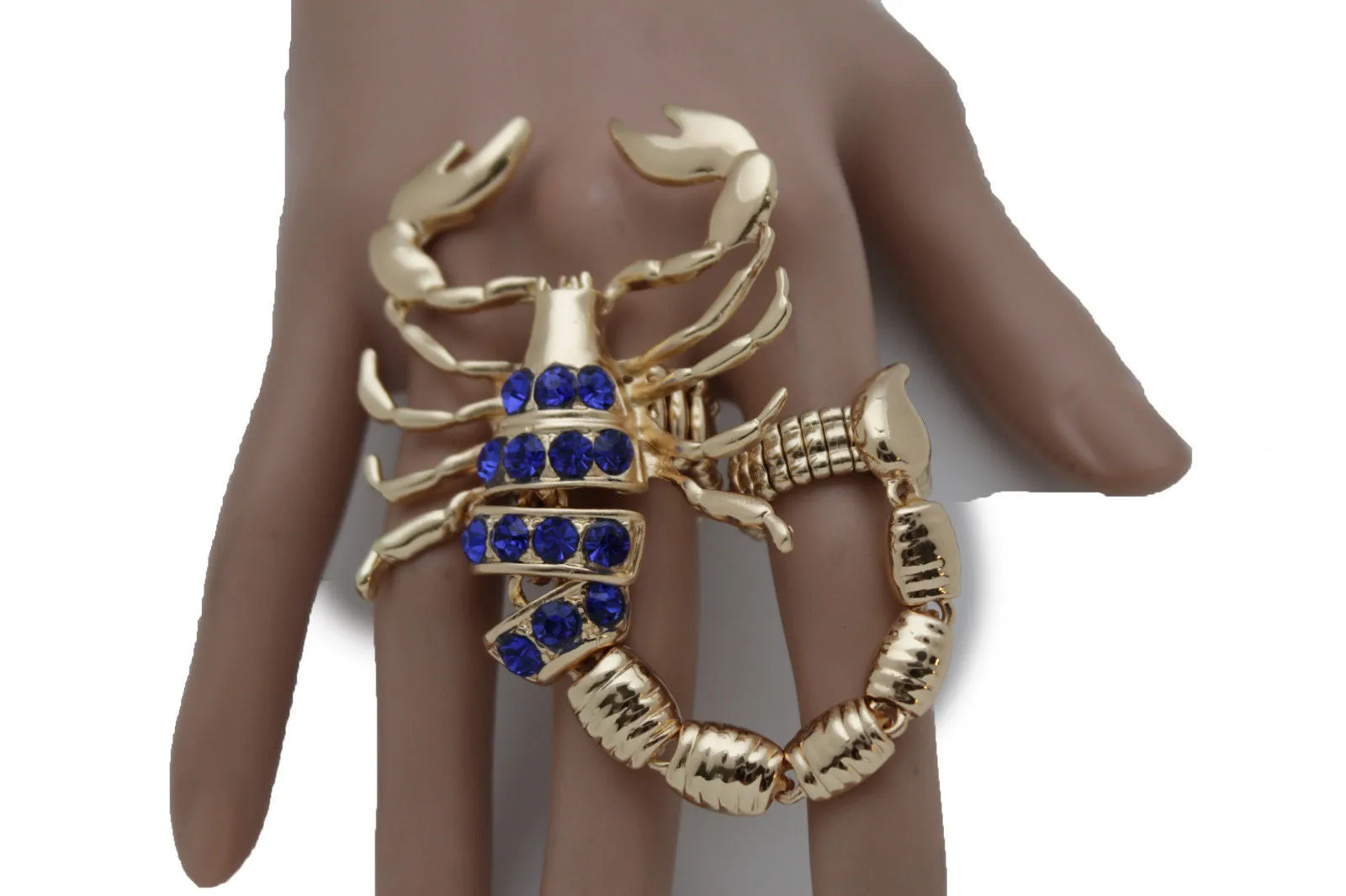 Gold Silver Metal 2 Fingers Big Scorpion Black Blue Rhinestones Elastic Band Ring