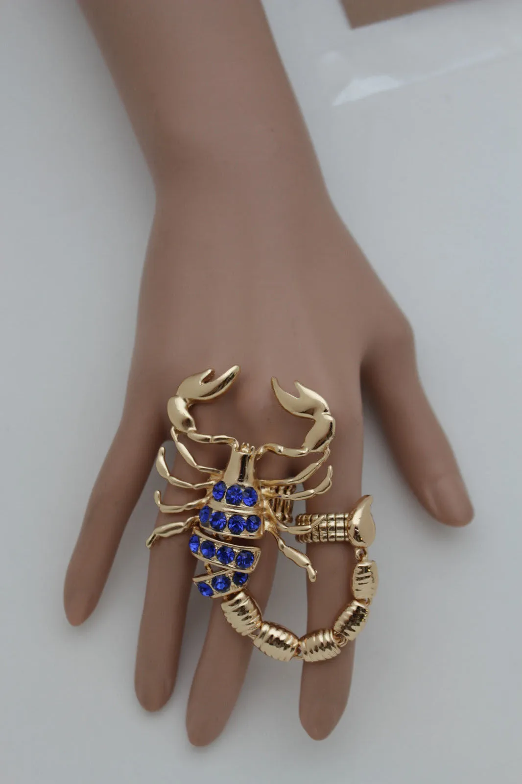 Gold Silver Metal 2 Fingers Big Scorpion Black Blue Rhinestones Elastic Band Ring