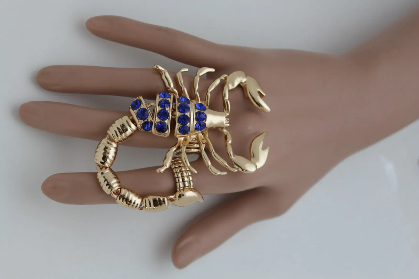 Gold Silver Metal 2 Fingers Big Scorpion Black Blue Rhinestones Elastic Band Ring