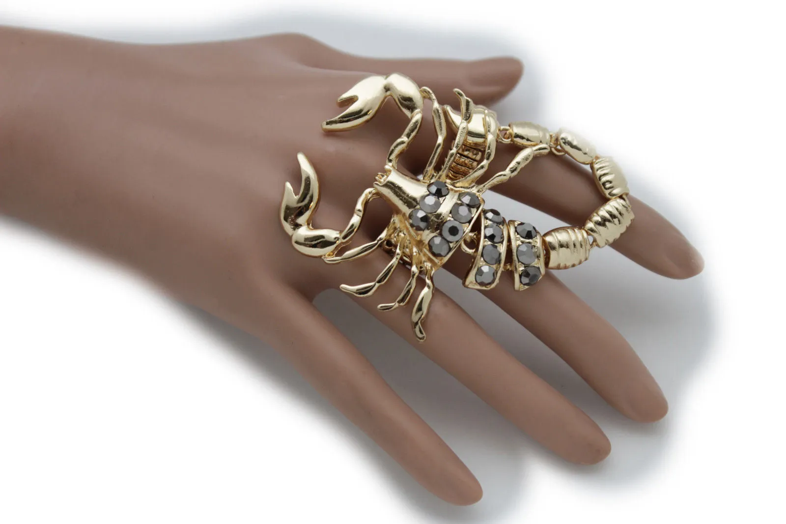 Gold Silver Metal 2 Fingers Big Scorpion Black Blue Rhinestones Elastic Band Ring