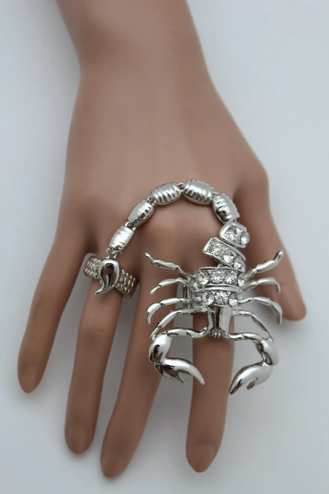 Gold Silver Metal 2 Fingers Big Scorpion Black Blue Rhinestones Elastic Band Ring