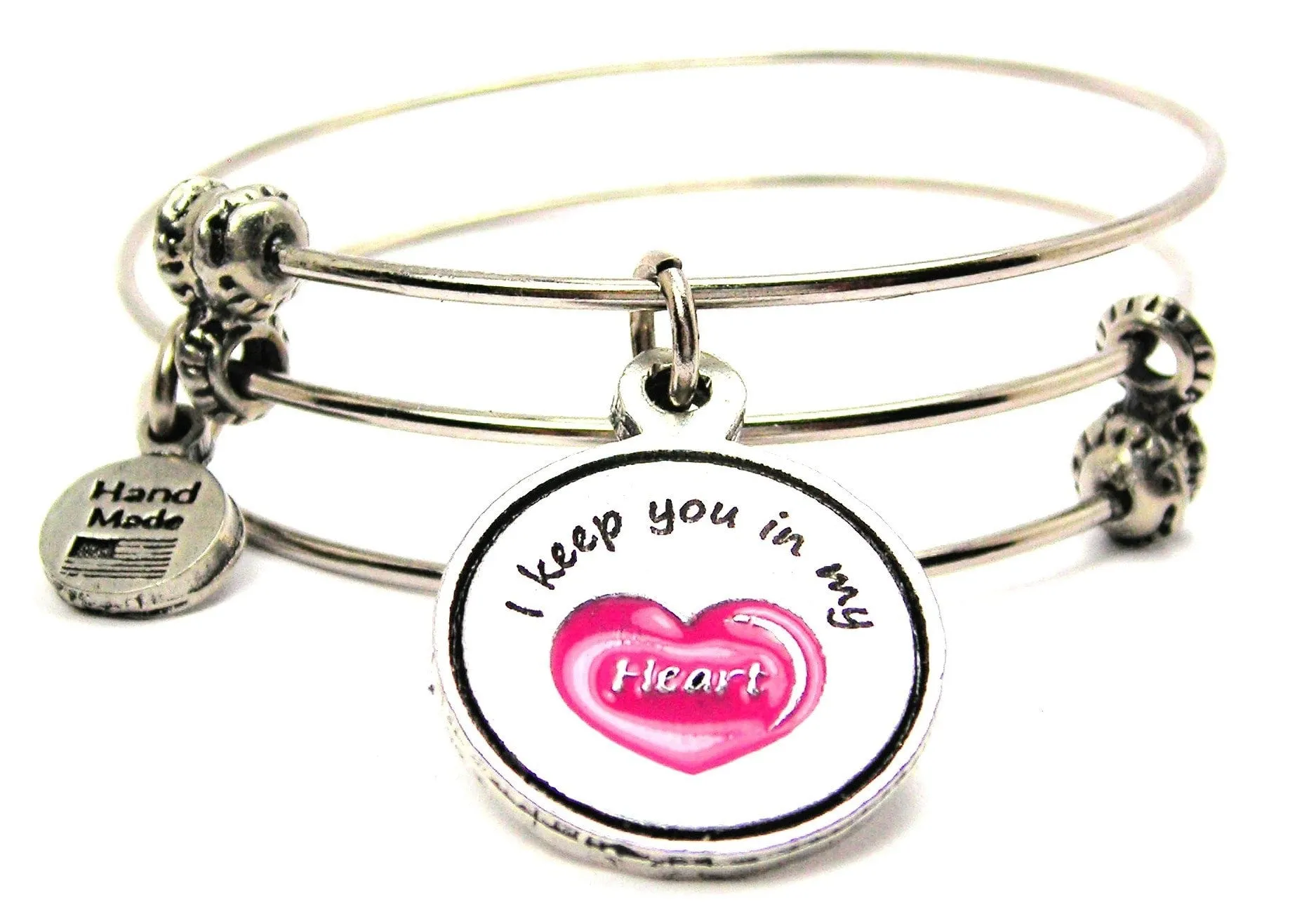 Hand Painted Pink I Keep You In My Heart Triple Style Expandable Bangle Bracelet