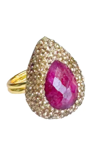 Jeweled Pink Ruby and Champagne Crystal Teardrop Cocktail Ring