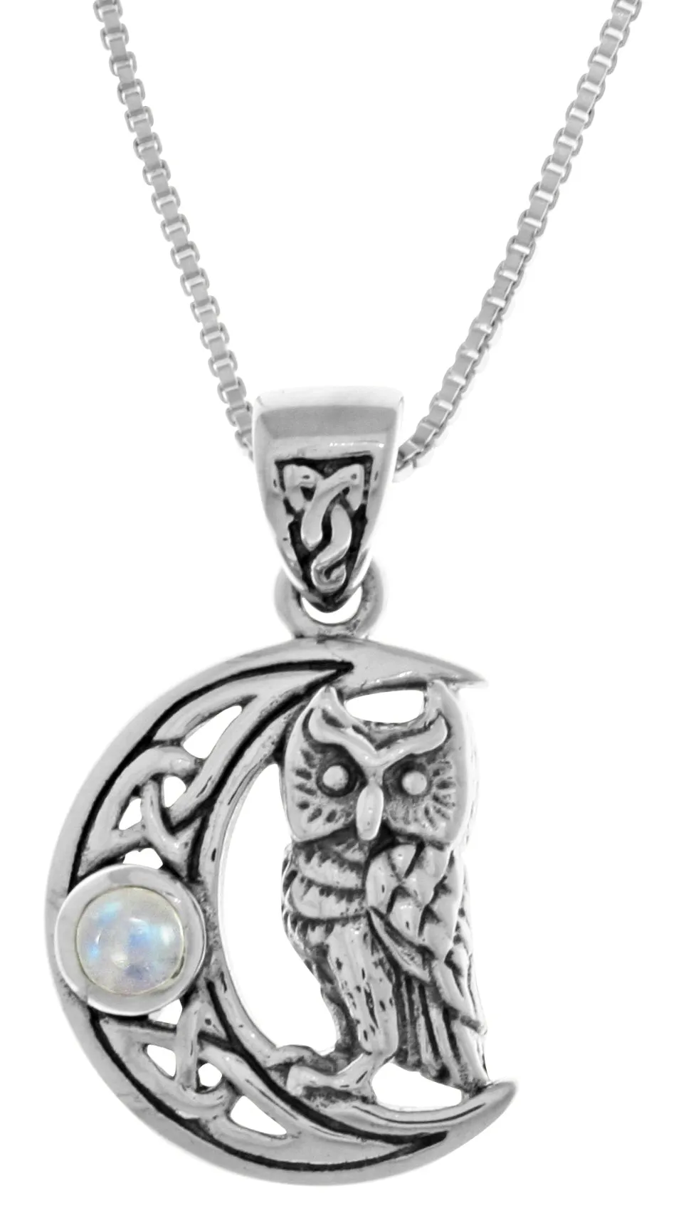 Jewelry Trends Sterling Silver Celtic Crescent Moon and Owl Pendant with Rainbow Moonstone on 18 Inch Chain Necklace