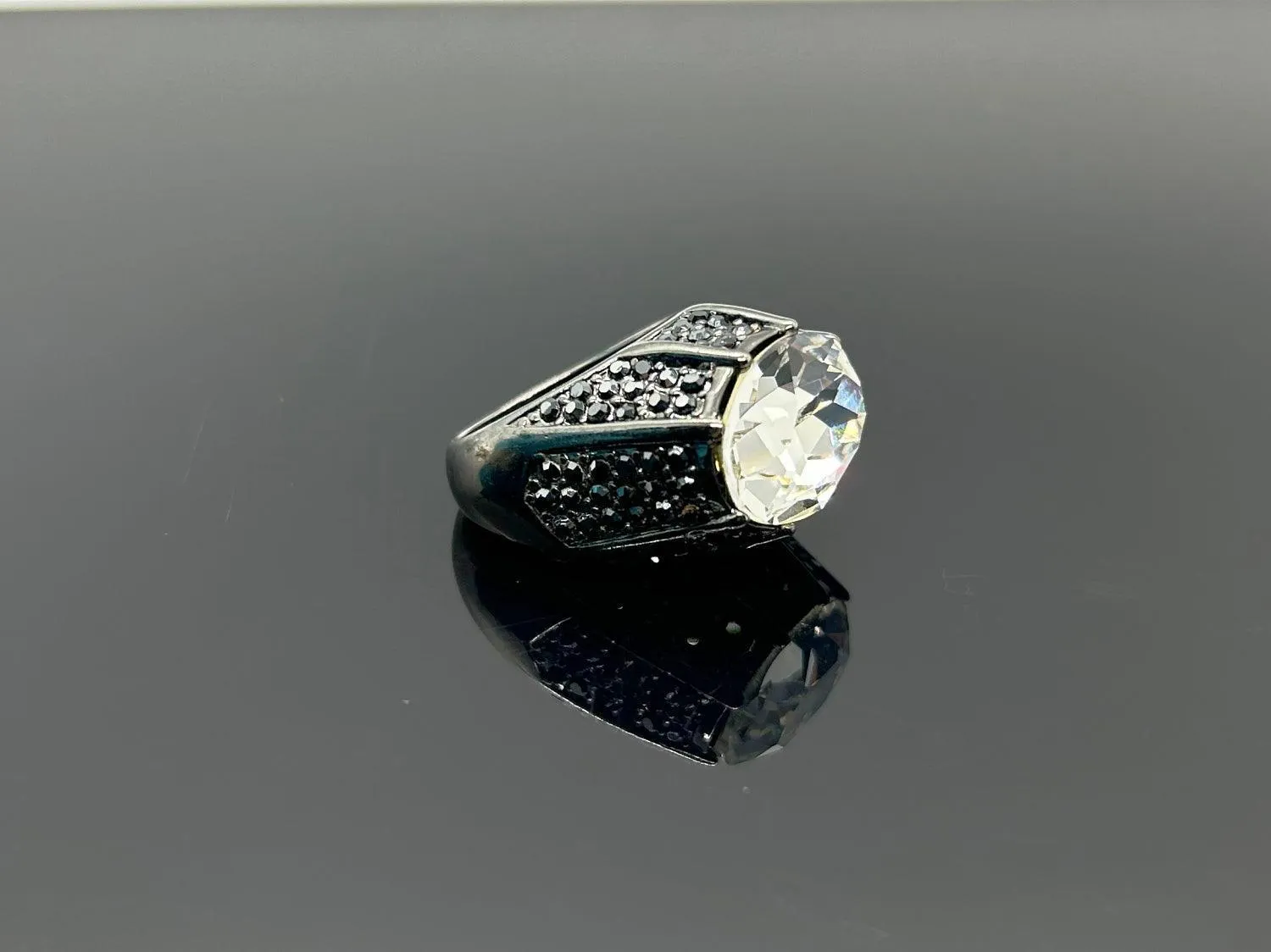 Kenneth Lane Signed Statement Black Metal and Huge Oval Stone Cocktail Ring