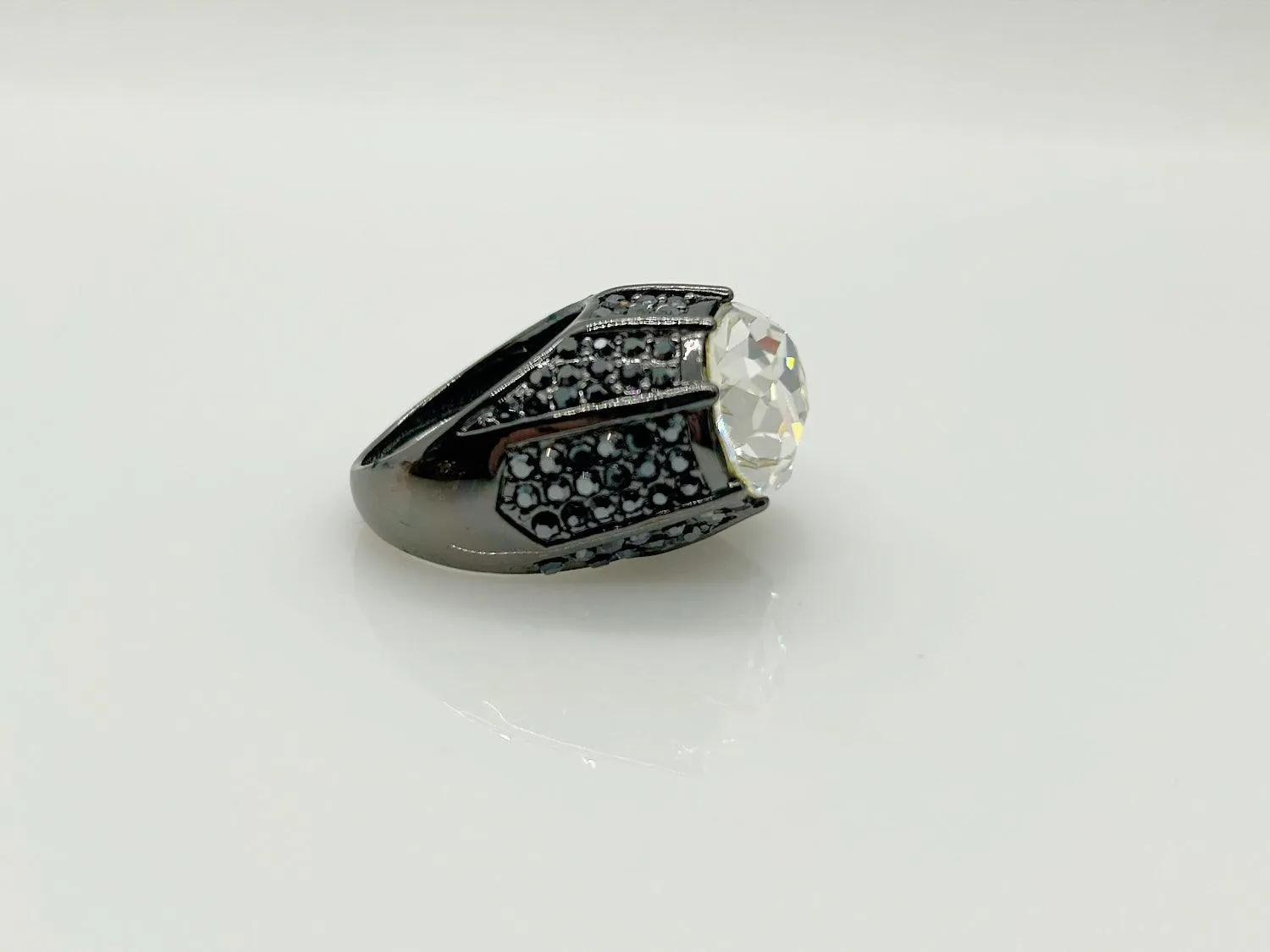 Kenneth Lane Signed Statement Black Metal and Huge Oval Stone Cocktail Ring