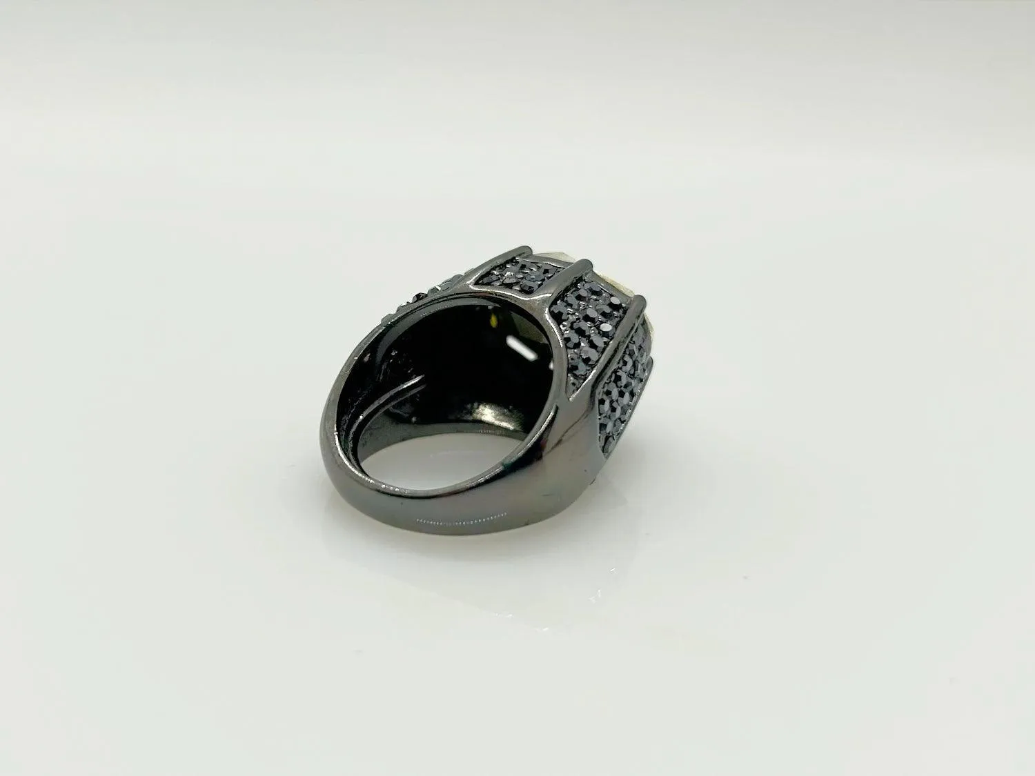 Kenneth Lane Signed Statement Black Metal and Huge Oval Stone Cocktail Ring