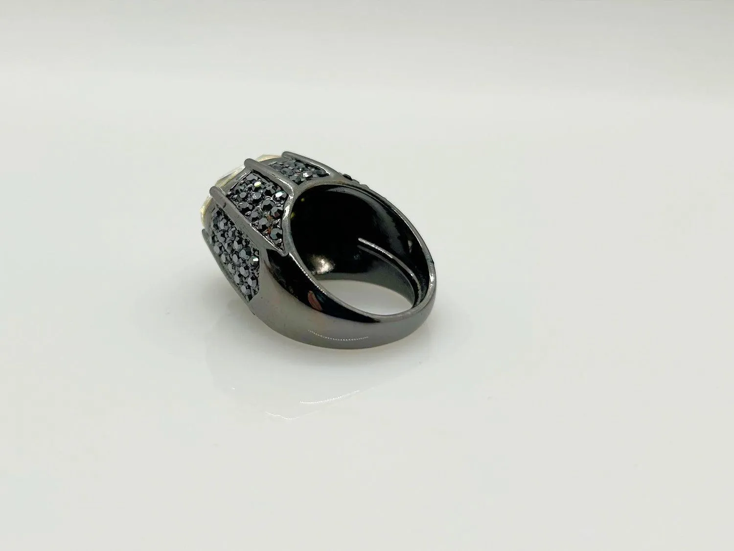 Kenneth Lane Signed Statement Black Metal and Huge Oval Stone Cocktail Ring