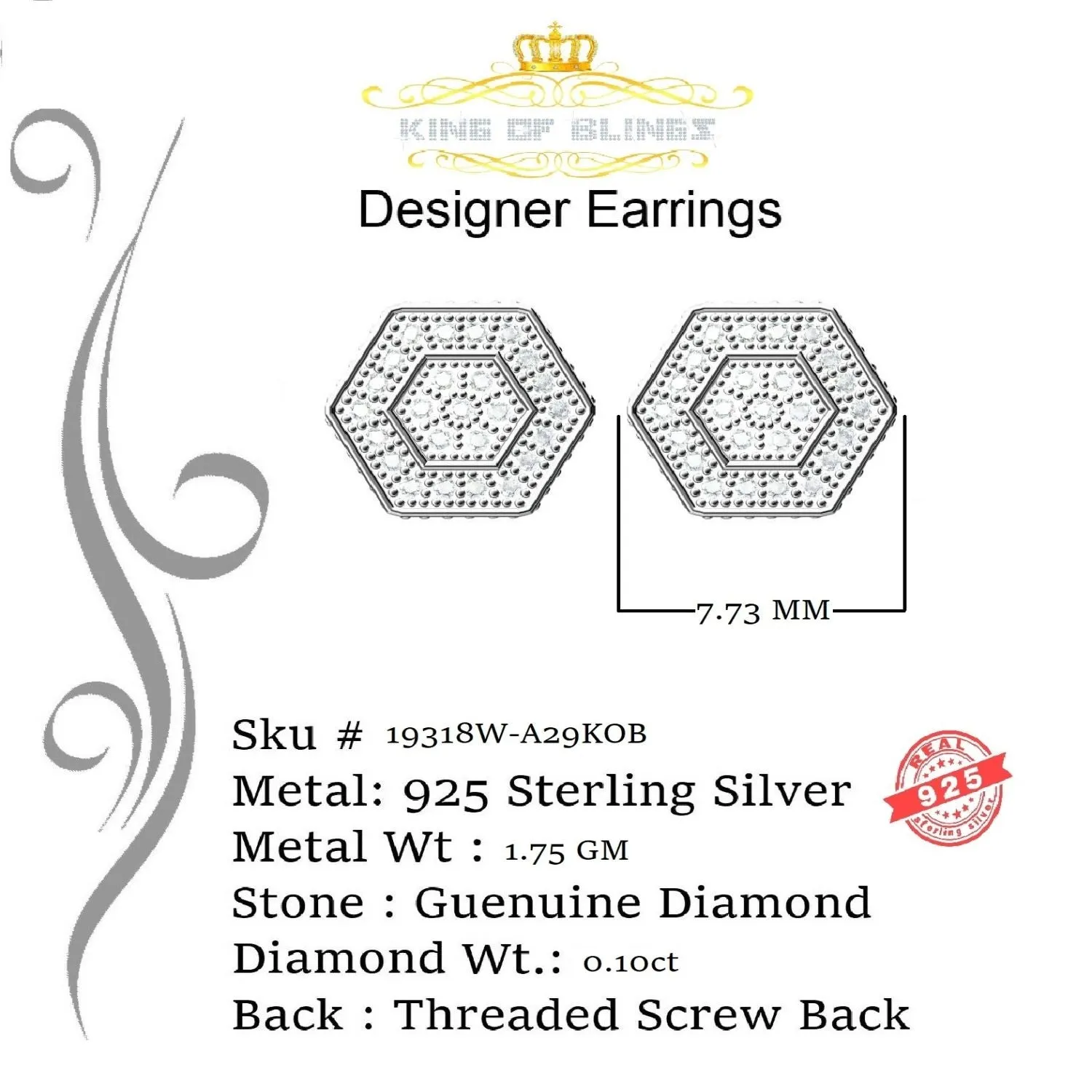 King Of Bling's 0.10ct Diamond 925 Sterling Silver Hip Hop White Stud Earring For Men / Women