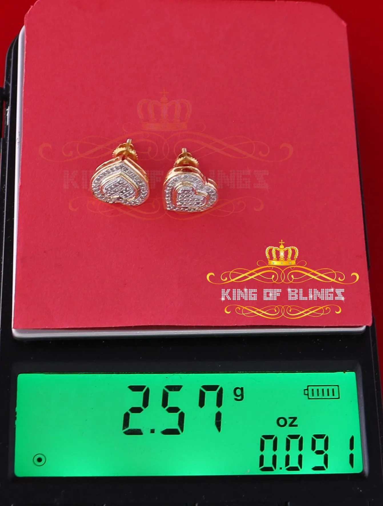 King of Blings-Aretes Para Hombre Heart 925 Yellow Silver 0.20ct Diamond Women's /Men's Earring