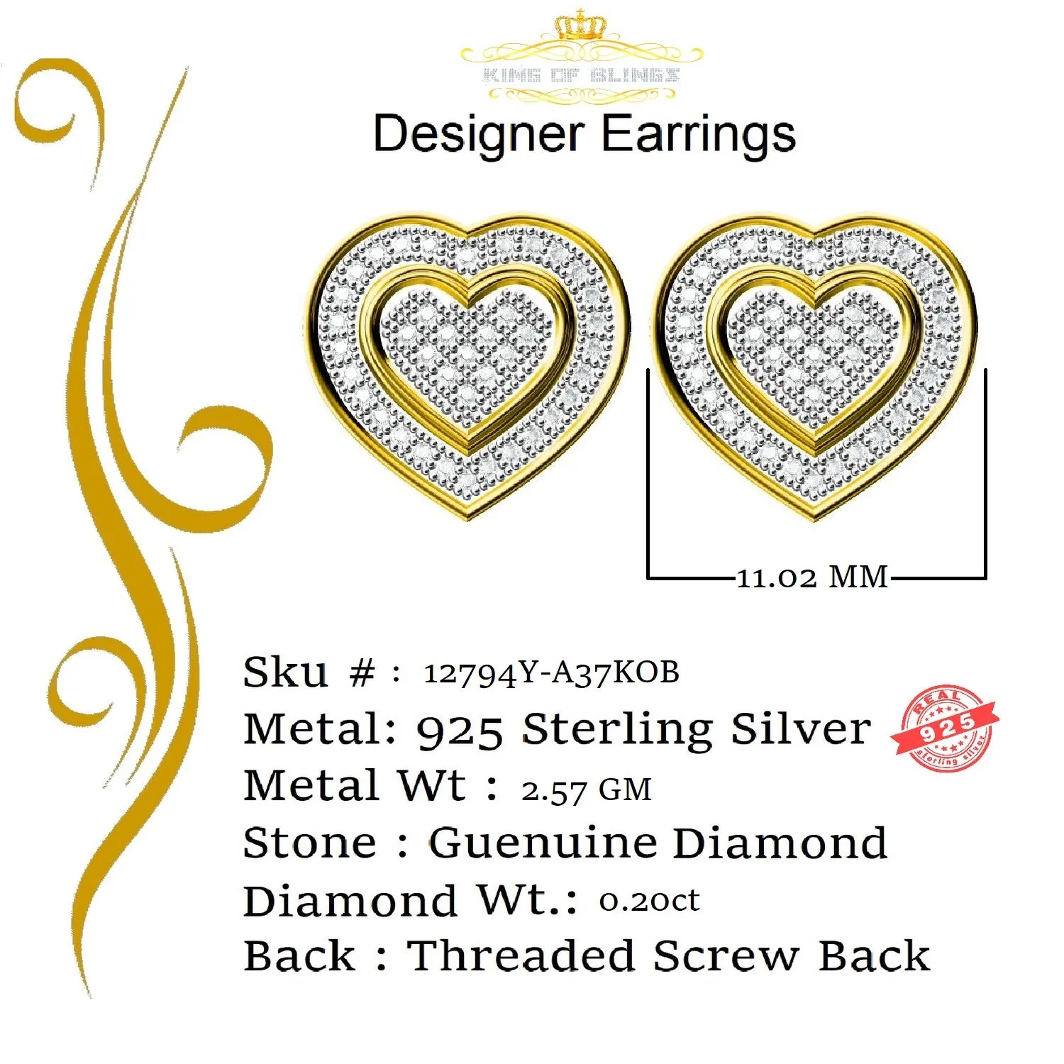 King of Blings-Aretes Para Hombre Heart 925 Yellow Silver 0.20ct Diamond Women's /Men's Earring