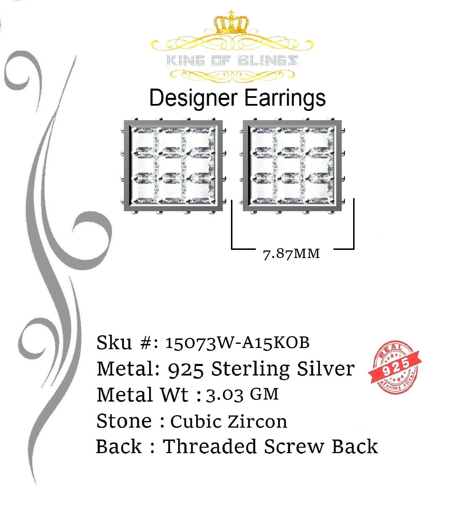 King of Blings- Hip Hop 925 White Silver 5.94ct Cubic Zirconia Women's & Men's Square Earrings