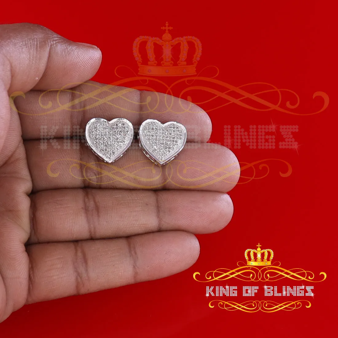 King Of Bling's Micro Pave 0.33ct Real Diamonds 925 White Silver Women's & Men's Heart Earrings