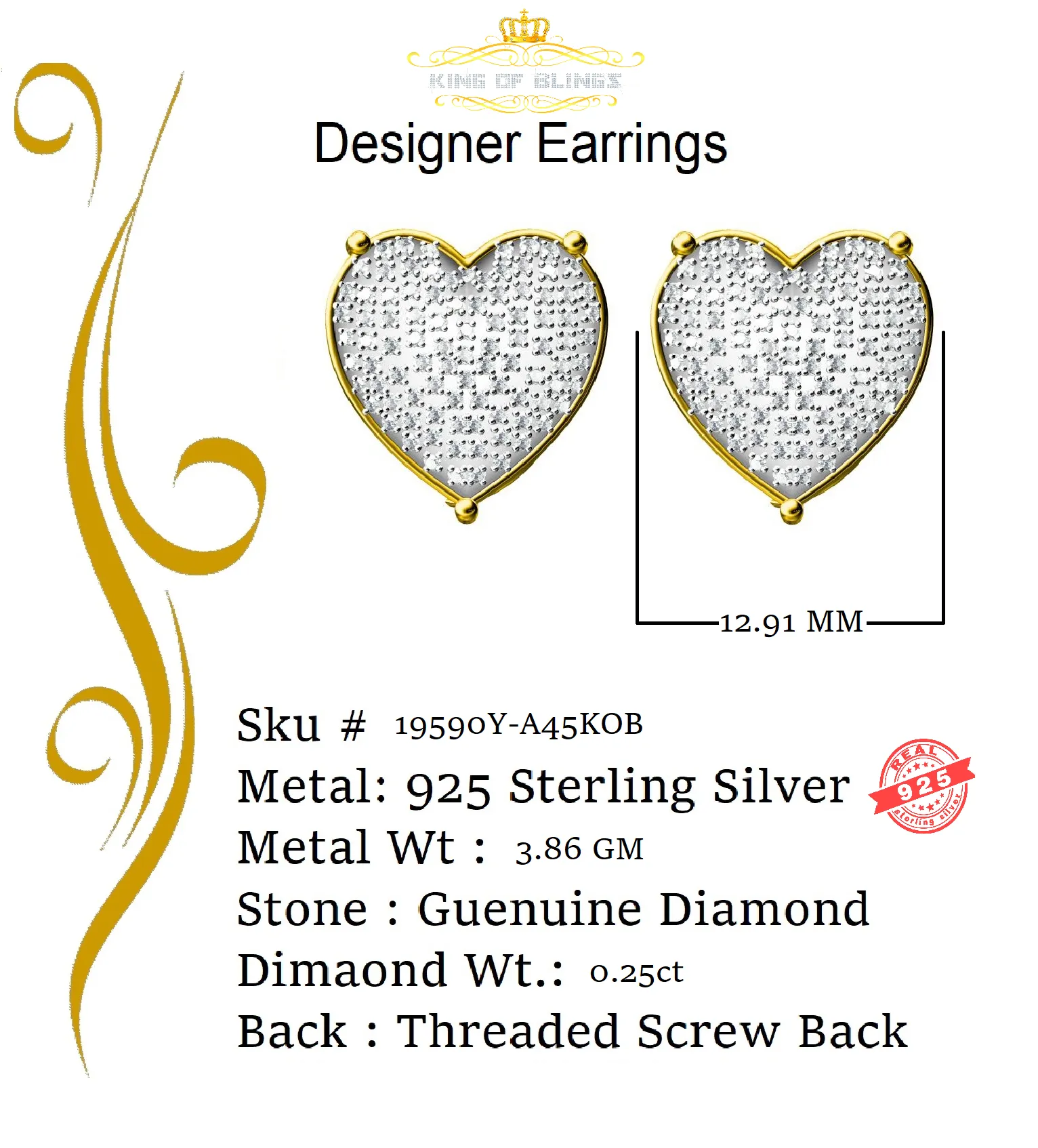 King of Blings-Style Heart 925 Yellow Silver 0.25ct Diamond Women's & Men's Fashion Earrings