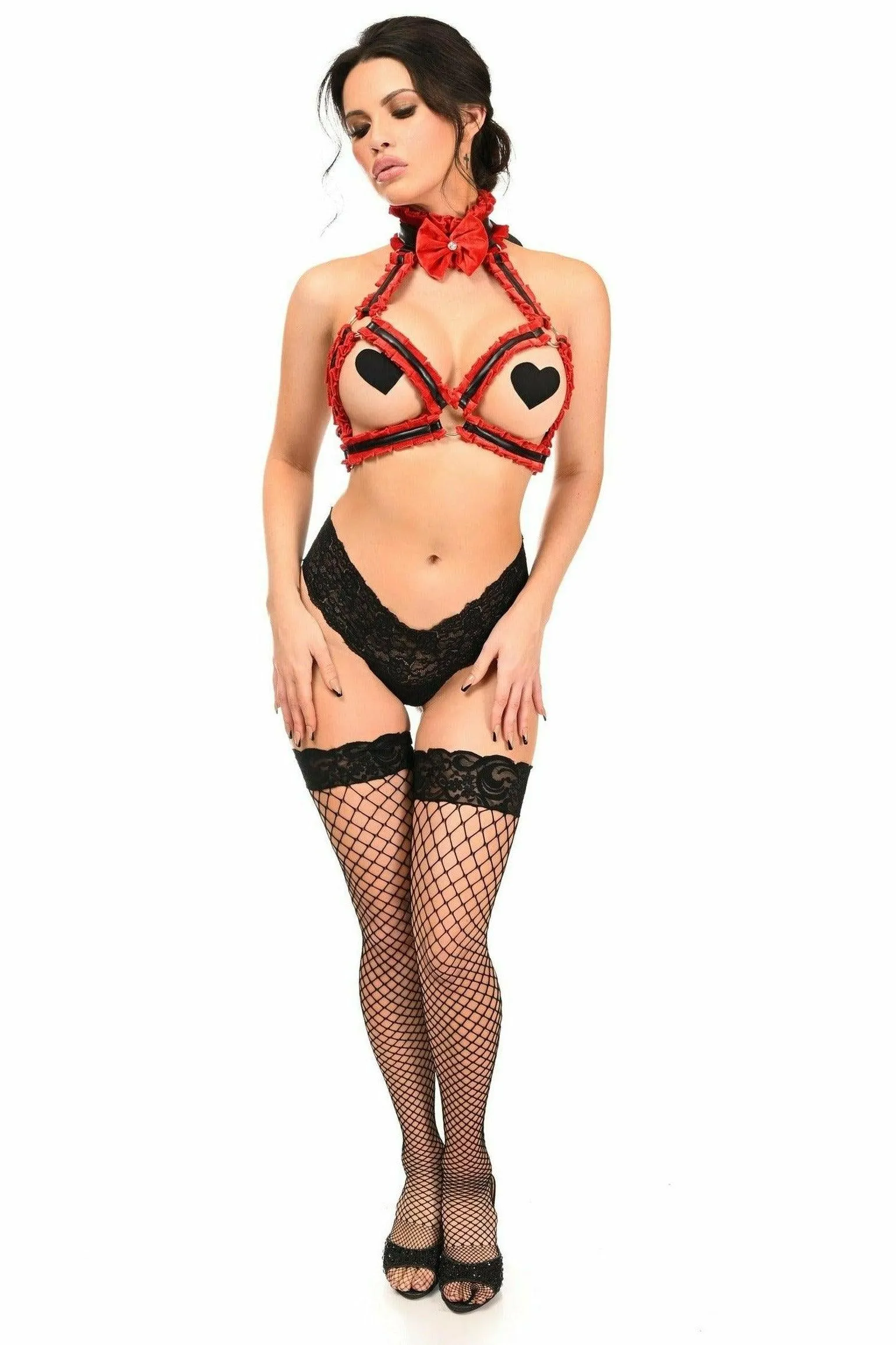 Kitten Collection Red Velvet & Faux Leather Triangle Top Body Harness