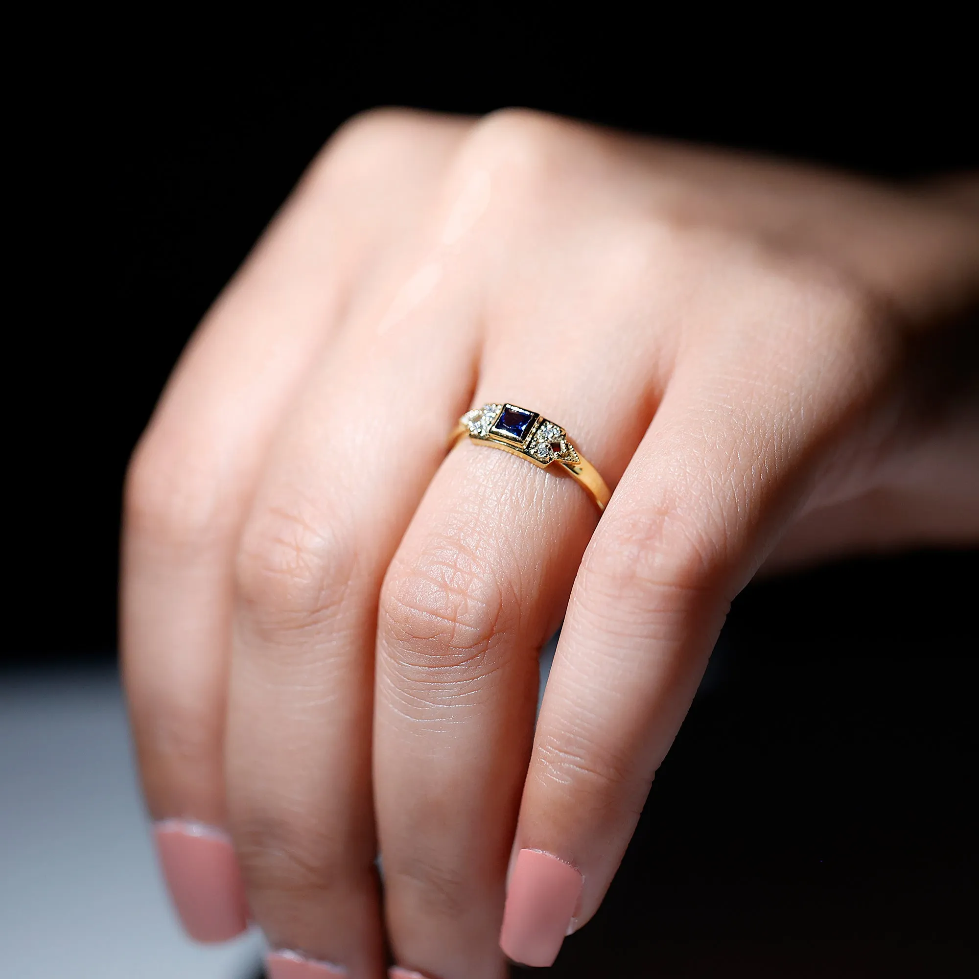 Lab Grown Blue Sapphire Promise Ring with Diamond