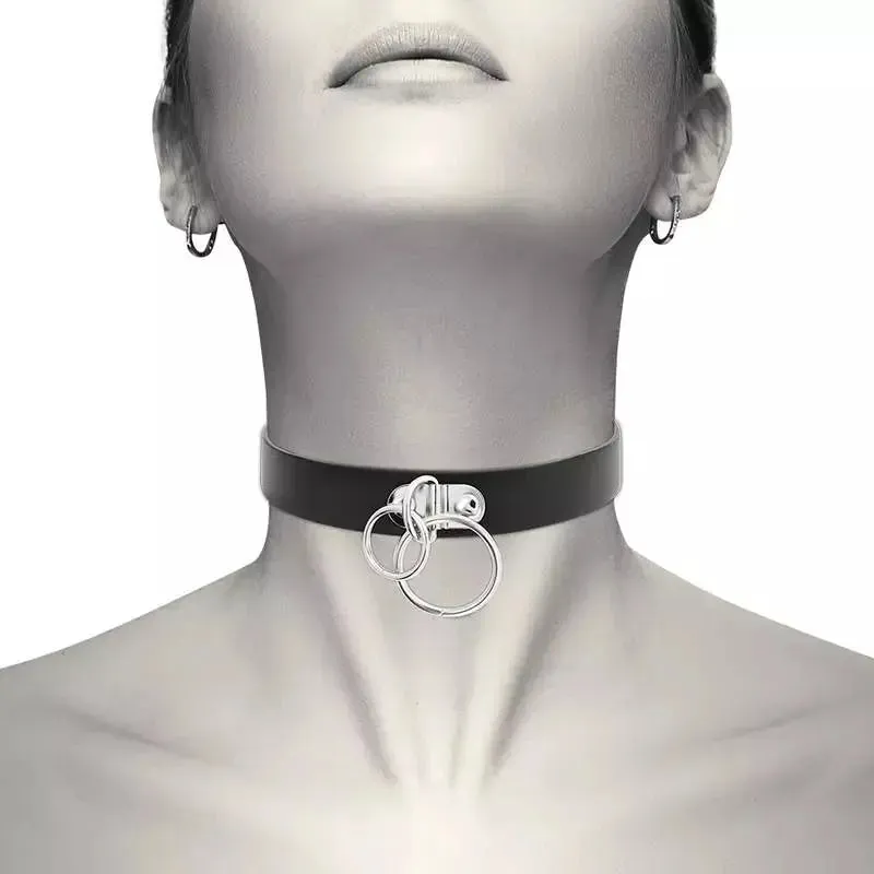 Leather Choker  - Coquette Hand Crafted Vegan - Double Ring