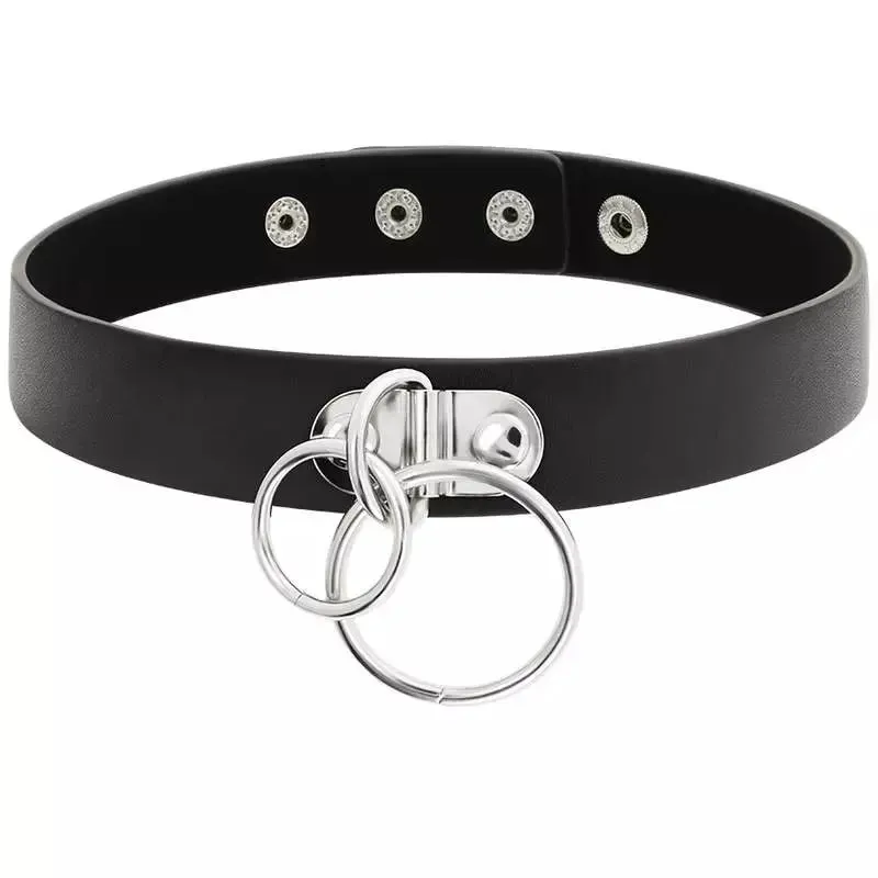 Leather Choker  - Coquette Hand Crafted Vegan - Double Ring