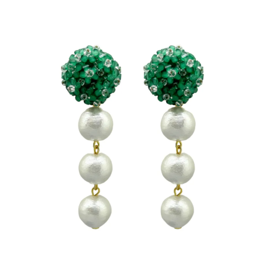 Liz Cotton Pearl Triple Green Earrings