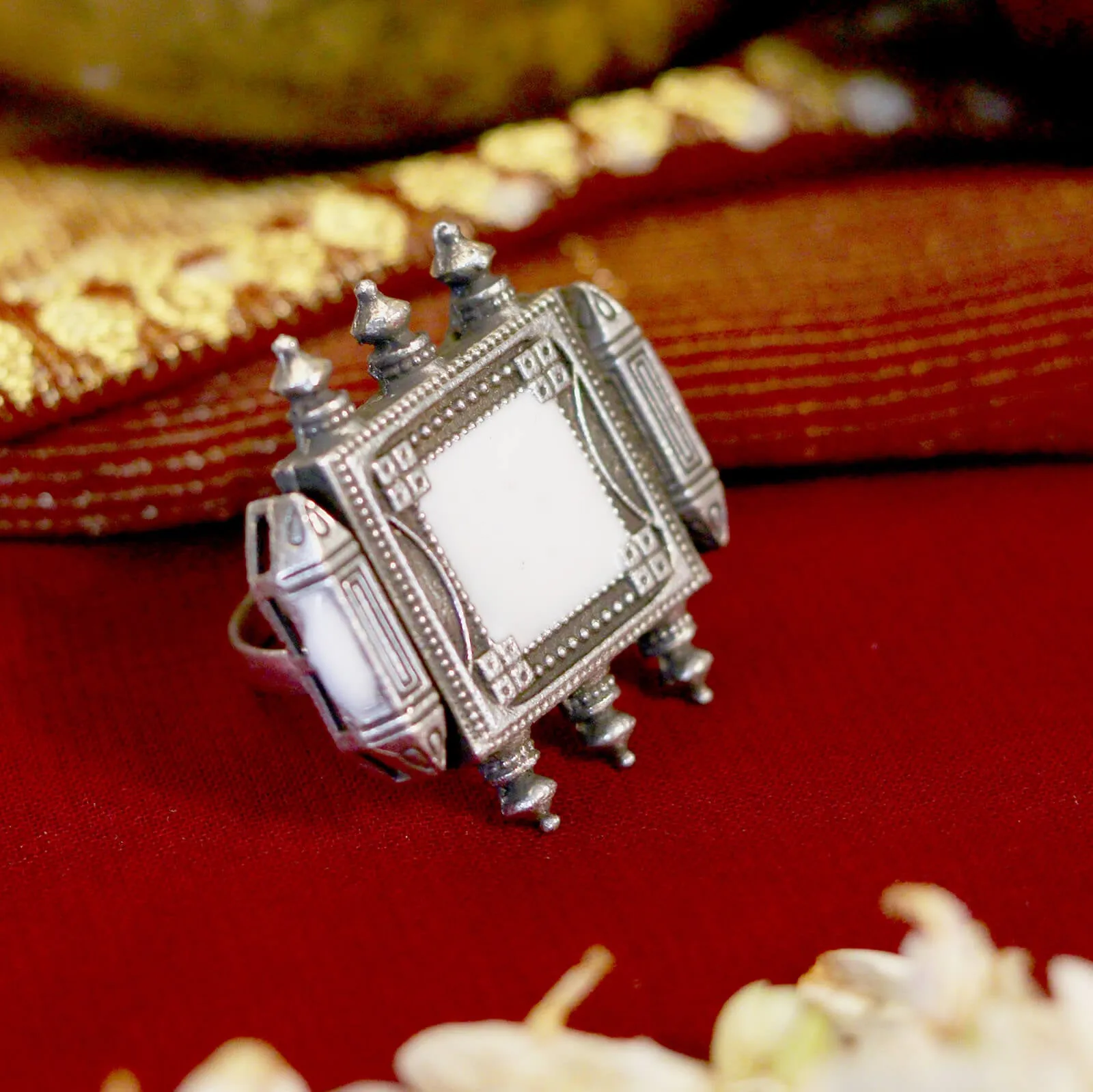 Meena White Enamel Silver Oxidized Ring