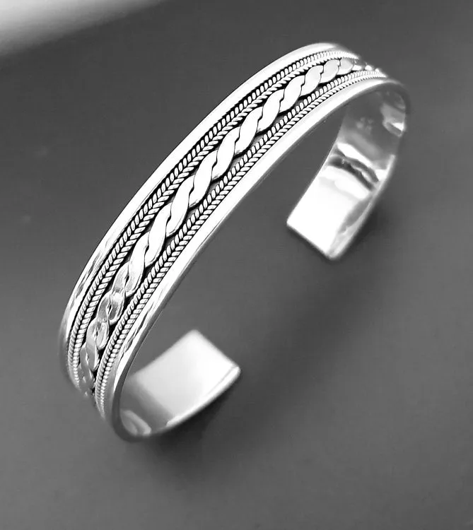 Men's Celtic Style Sterling Silver Plait Bangle | Unique Silver Cuff Bracelet