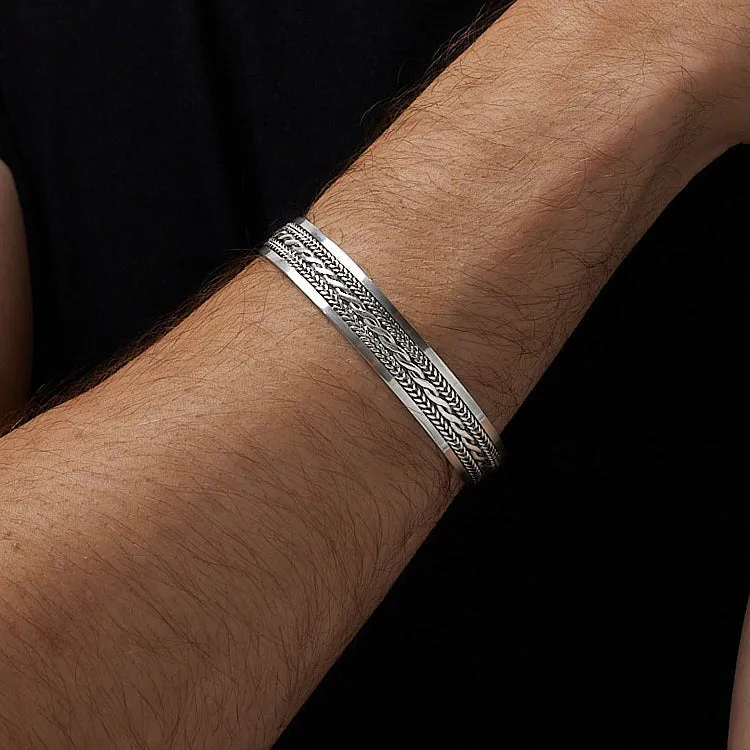 Men's Celtic Style Sterling Silver Plait Bangle | Unique Silver Cuff Bracelet