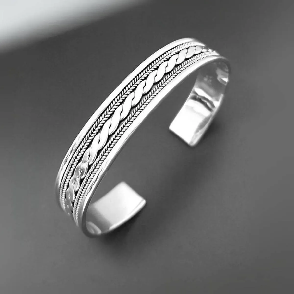 Men's Celtic Style Sterling Silver Plait Bangle | Unique Silver Cuff Bracelet