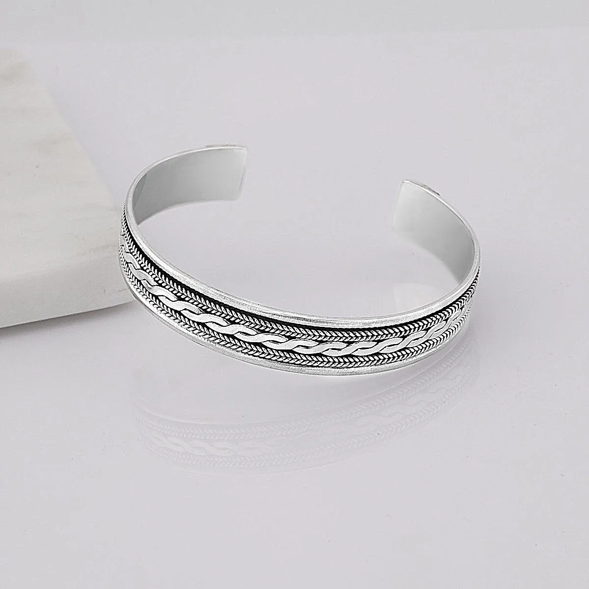 Men's Celtic Style Sterling Silver Plait Bangle | Unique Silver Cuff Bracelet