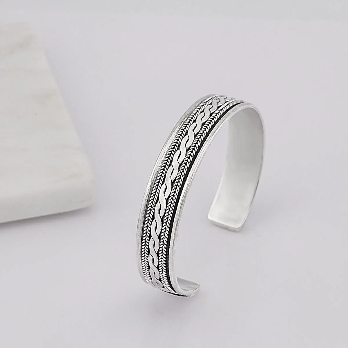 Men's Celtic Style Sterling Silver Plait Bangle | Unique Silver Cuff Bracelet