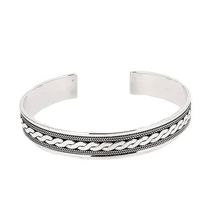 Men's Celtic Style Sterling Silver Plait Bangle | Unique Silver Cuff Bracelet