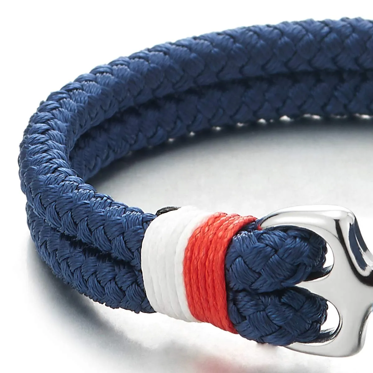 Mens Womens Steel Marine Anchor Two-Row Dark Blue Braided Cotton Thread Wristband Bangle Bracelet