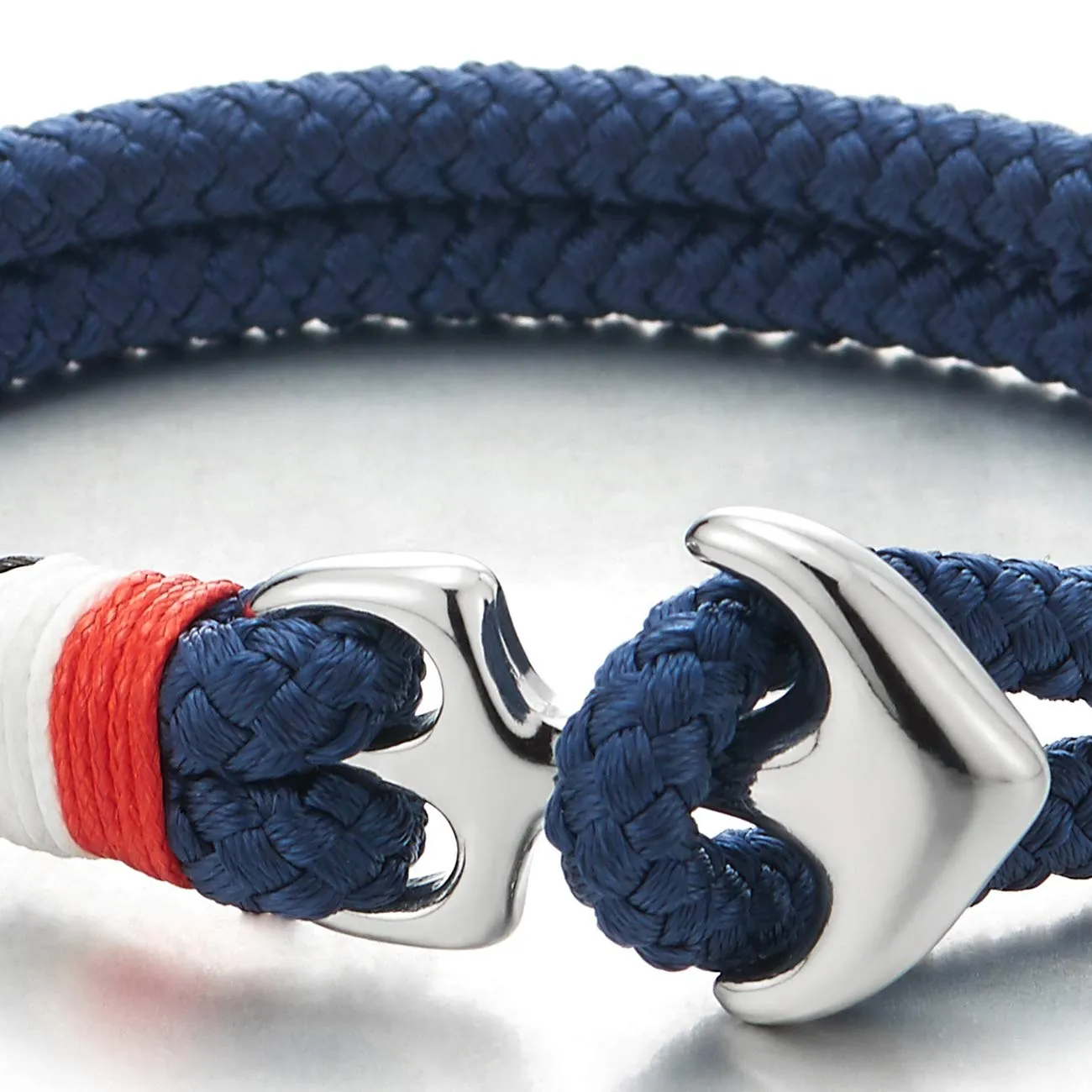 Mens Womens Steel Marine Anchor Two-Row Dark Blue Braided Cotton Thread Wristband Bangle Bracelet